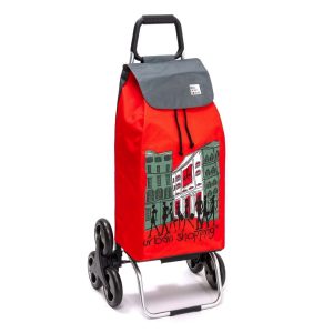 Chariot de course isotherme sidebag bleublanccourse 6 roues carlux motif urban rouge