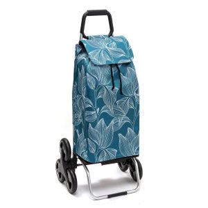 Chariot de course isotherme sidebag bleublanccourse 6 roues carlux motif florale turquoise greenleaves